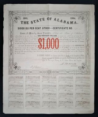 1864 Cr.  62b $1000 The State Of Alabama Bond W/ 20 Coupons