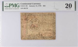 Continental Currency Fr Cc - 94 Jan.  14,  1779 $35 Pmg 20 Reverse