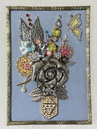 Vintage Jewelry Art Framed Floral Arrangement in Vintage Frame 8 