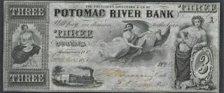 1854 $3 Potomac River Bank Georgetown,  D.  C.  Obsolete Currency Almost Unc