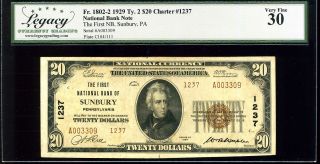 1929 $20 First National Bank Of Sunbury Pa Fr.  1802 - 2 Ty.  2 Ch 1237 Vf30 A003309