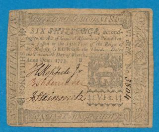 Pa.  160 Six Shillings Colonial Currency March 25th, .  1773 Very Fine