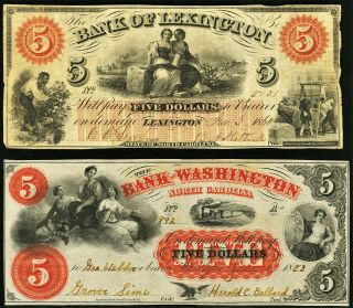 Obsolete Currency (2) Notes,  North Carolina Banks Of Lexington & Washington $5 