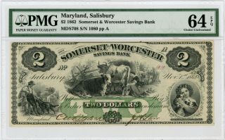 1862 $2 The Somerset And Worcester Savings Bank - Maryland Note Pmg 64 Epq