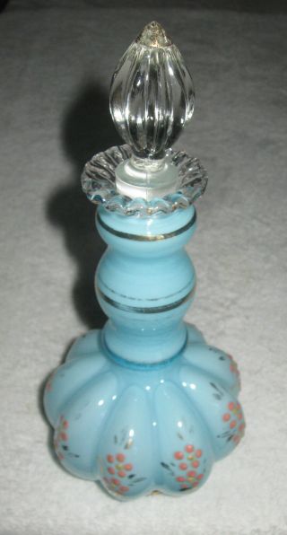 Antique/vintage Fenton Cased Glass Decanter/stopper Blue Enameled Flowers 9 " 2
