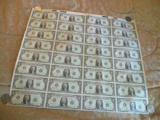 1981 Uncut $1 Sheet 32 One Dollar Bills Boston A Currency Bills Notes Bill Note