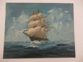 Vintage Painting On Wood Board Sail Boat Sailing Ship Ocean Waves Birds 8 " X 10 "