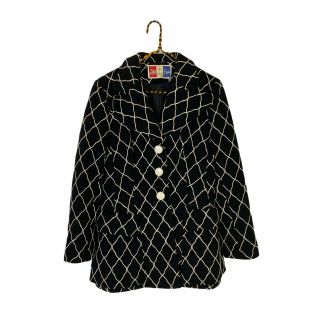 Vintage Lilli Ann Knit Black White Textured Diamond Yarn Pattern Jacket 60s 70s