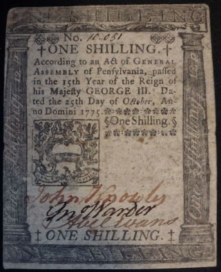 Colonial Currency Pennsylvania One Shilling 1775 Case Kept