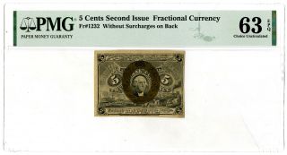 U.  S.  Fractional Currency.  Second Issue,  Fr 1232.  5 Cents Pmg Choice Unc 63 Epq