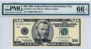 $50 1996 Federal Reserve Note Kansas City Fr 2126 - J Aj00614106 Pmg 66 Epq