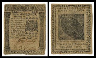 1776 Forty Shillings Pennsylvania Pa Colonial Currency Bank Note