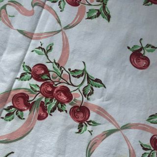 Vintage 40s 50s Tablecloth Cherries Fruit Green Pink Cherry Cottage Sweet 51x48