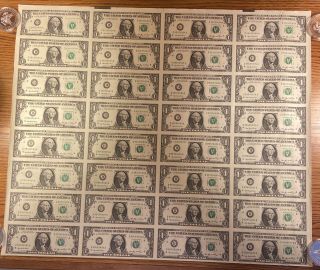 Uncut U.  S.  Treasury Sheet Of 32 $1 One Dollar Bills - 2006 Series " D " Cleveland