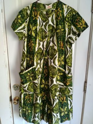 Vtg Ui Maikai 60s 70s Green White Cotton Hawaiian Dress Tiki Pineapple Print L