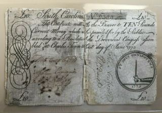 1775 South Carolina Large 10 Ten Pound Note Emblem Of Hand Holding A Sword