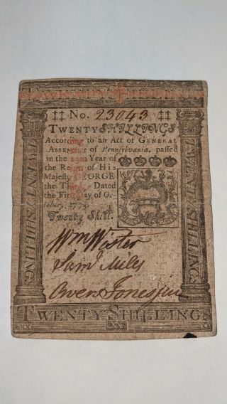 1773 Colonial Currency Note Bill Pennsylvania 20 Shillings Revolutionary War M44