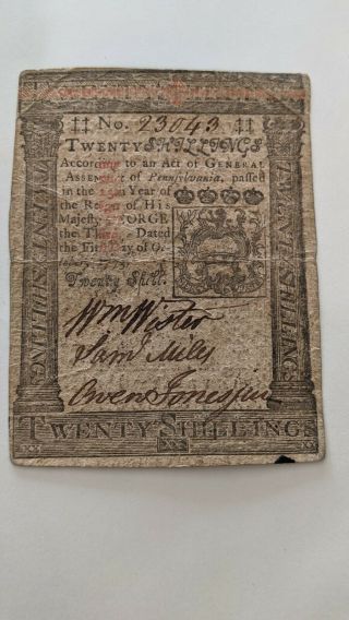 1773 Colonial Currency Note Bill PENNSYLVANIA 20 SHILLINGS Revolutionary War m44 2