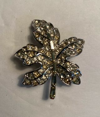 Vintage Crown Trifari Rhinestone Maple Leaf Brooch Pin Silvertone