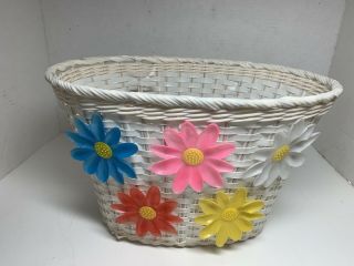 Vintage White Vinyl Woven Bicycle Front Basket W/ Bright Plastic Flowers