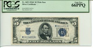Fr 1653 1934 - C Wide $5 Silver Certificate 66 Ppq Gem
