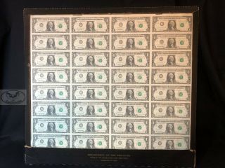 Sheet Of 32 Uncut Us $1 One Dollar Bills Dot Frame 1995 - Cleveland -