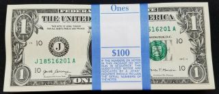 100 One Dollar Bills J A Series $1 Notes Kansas City Federal Reserve 6201