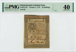 (pa - 167) Oct.  1,  1773 10 Shillings Pennsylvania Colonial Currency Note - Pmg 40