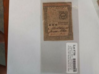 1773 Continental Colonial Note 15 Shillings Pennsylvania
