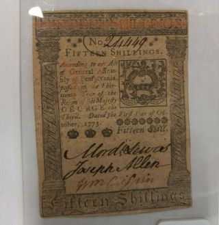 1773 continental colonial note 15 shillings Pennsylvania 2