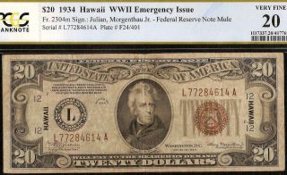 1934 $20 Dollar Wwii Hawaii Brown Seal Mule Note Paper Money Fr 2304m Pcgs 20