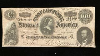 1864 $100 Us Confederate States Of America Old Us Paper Money Currency Type 65