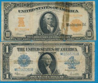 $10.  1907 Gold Certificate & $1.  00 1923 Silver Certificate Imperfect Pair