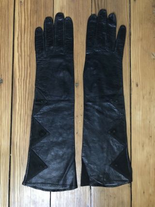 Nos Vintage Long,  Black Leather Opera Gloves,  Made In France,  Size 7,  14”