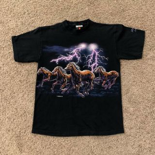 Vtg 90s Habitat Double Sided Horse Thunder Lightning Usa 1992 Black T - Shirt Sz M
