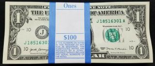 100 One Dollar Bills J A Series $1 Notes Kansas City Federal Reserve 6301