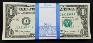 100 One Dollar Bills J A Series $1 Notes Kansas City Federal Reserve 6501