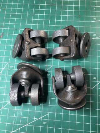 4 Antique Industrial Cast Iron Double Swivel Wheels Rollers Casters Vintage