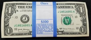 100 One Dollar Bills J A Series $1 Notes Kansas City Federal Reserve 6001
