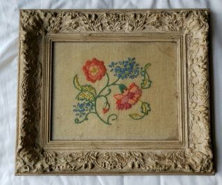 Antique Vintage Framed Sampler Embroidery Flowers Cottage Cabin
