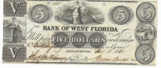 1832 $5 The Bank Of West Florida Appalachicola,  Fl Uncirculated