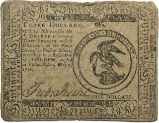 Continental Currency 1776 May 9th Three Dollars $3 Hall Sellers Fred Kuhl Cc - 33