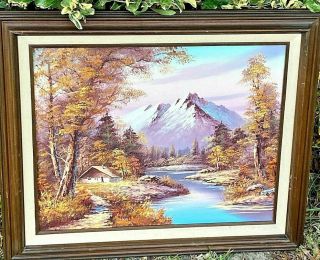 Gorgeous Vintage Oil Painting Fall Cabin Mountain Lake Landscape Scene