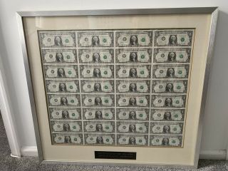 1981 Series $1 One Dollar Bill Us Currency Sheet 32 Notes Uncut And Framed