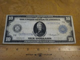 1914 United States Federal Reserve Note $10 Horse Blanket - S&h Usa