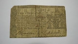 1770 $2/3 Annapolis Maryland Md Colonial Currency Bank Note Bill Rare Issue Usa