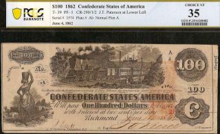 1862 $100 Confederate States Currency Civil War Note Paper Money T - 39 Pcgs 35