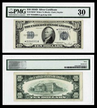 Fr.  1705w Wide { A Block} 1934 - D $10 Silver Certificate Note Pmg Vf30