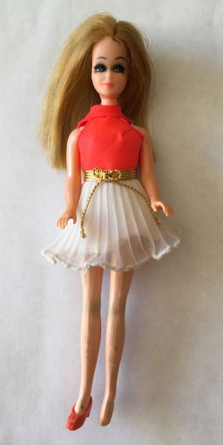 Vintage Topper Dawn Doll In Orange & White Halter Dress 1970