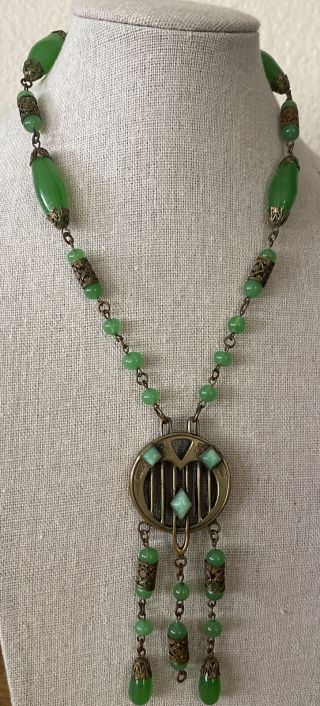 Antique Art Deco Green Peking Glass Necklace Filigree Pendant